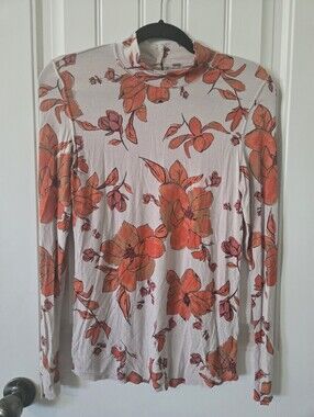 Free People Cream Turtleneck Top with Orange Floral Print